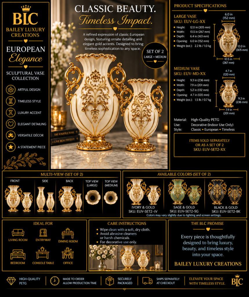 European Elegance Sculptural Vase Collection by Bailey Luxury Creations