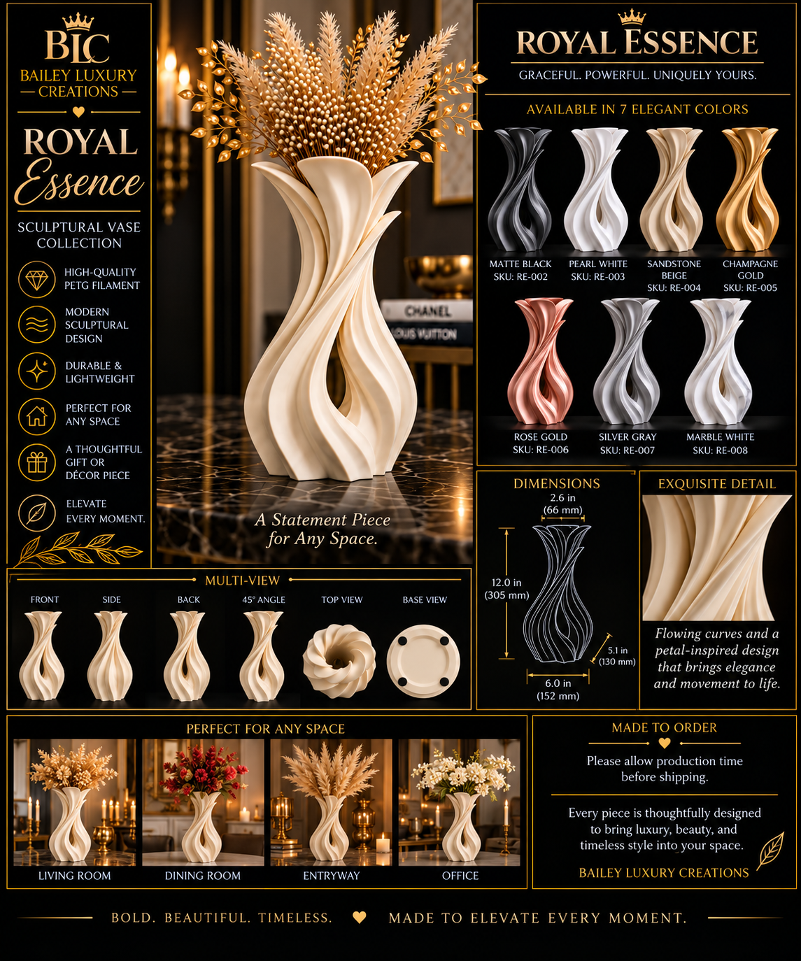 Royal Essence sculptural Vase by Bailey Luxury Creations
