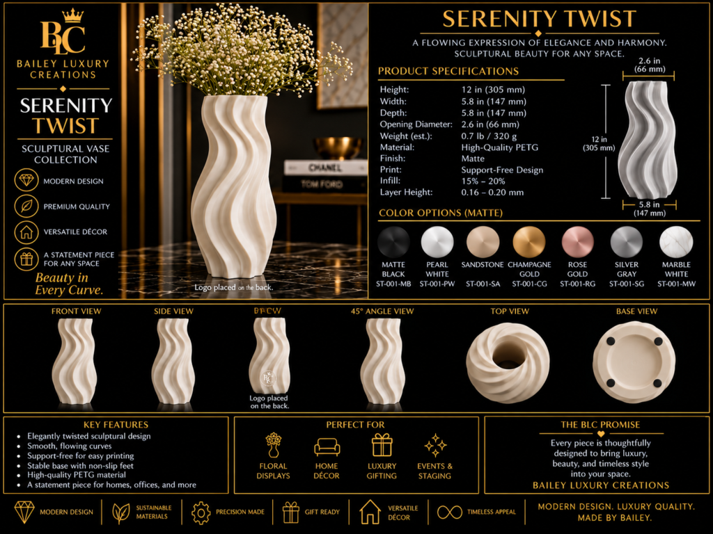 Serenity Twist Sculptural Vase by Bailey Luxury Creations