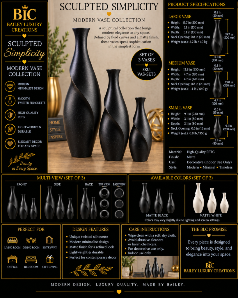 Sculpted Simplicity Modern Vase Collection by Bailey Luxury Creations