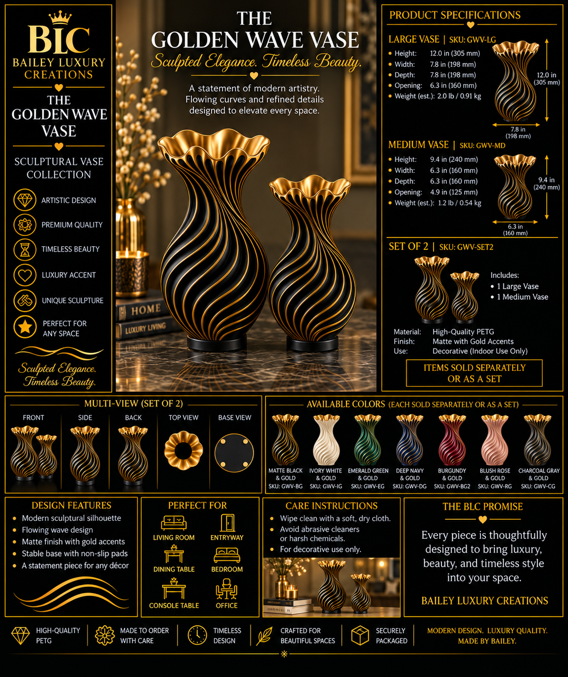 Golden Wave Vase Collection by Bailey Luxury Creation